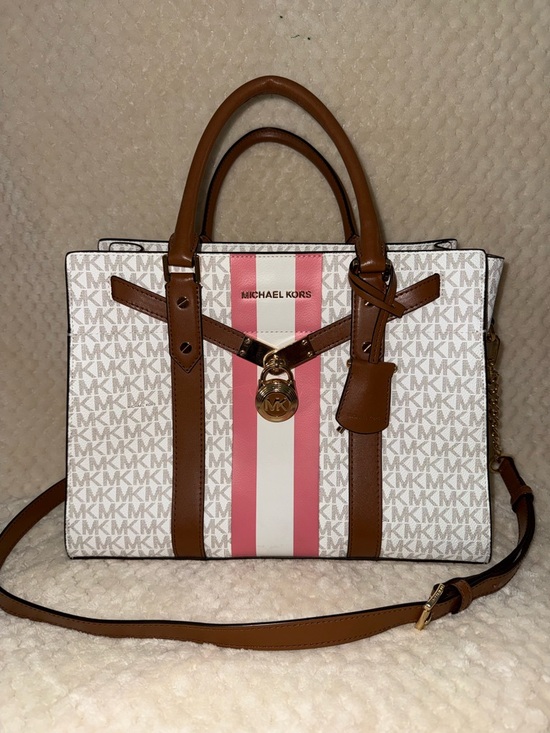 Michael Kors Handbags - Michael Kors White, Pink & Brown Nouveau Hamilton Purse